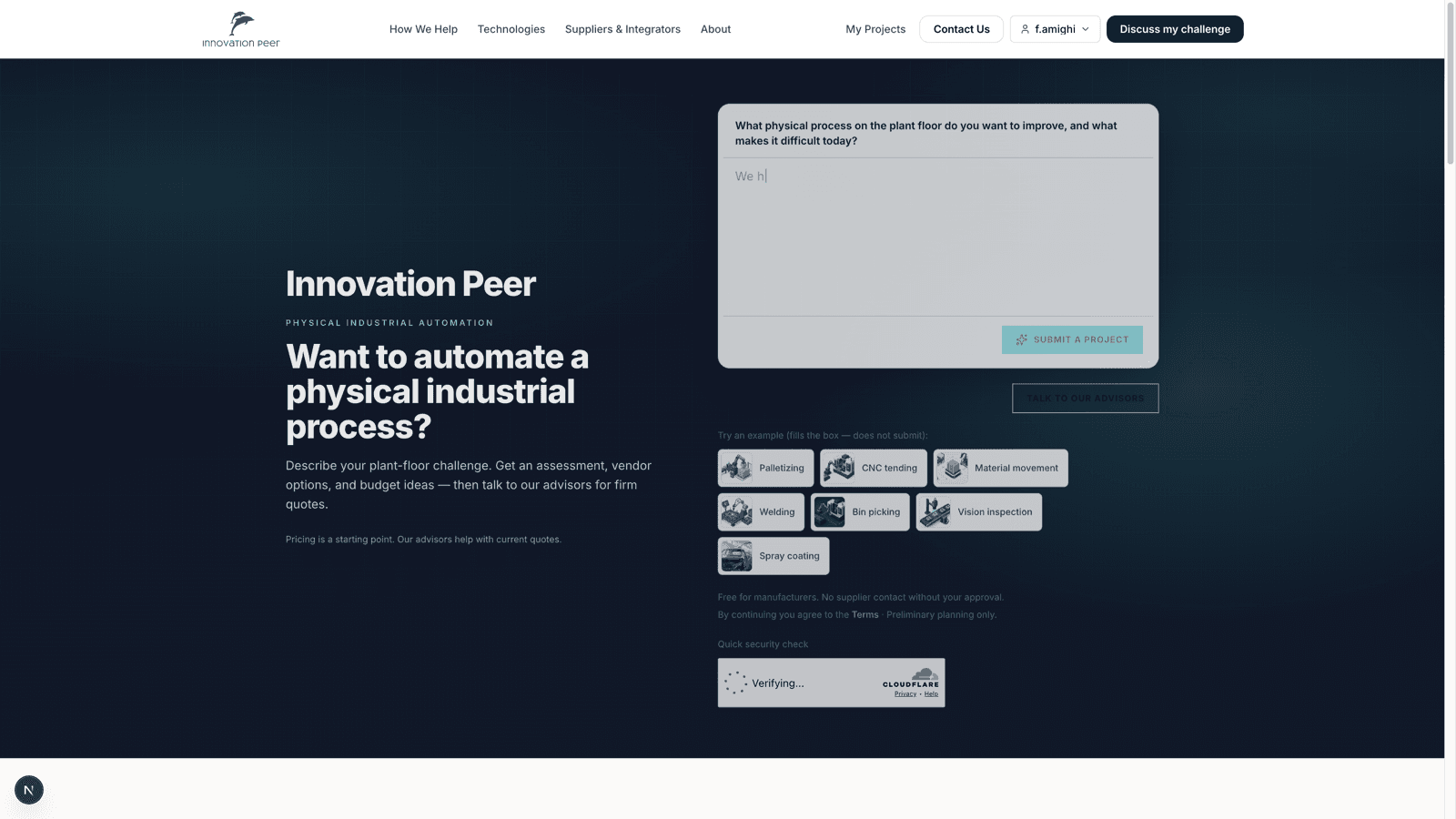 Homepage challenge intake on Innovation Peer