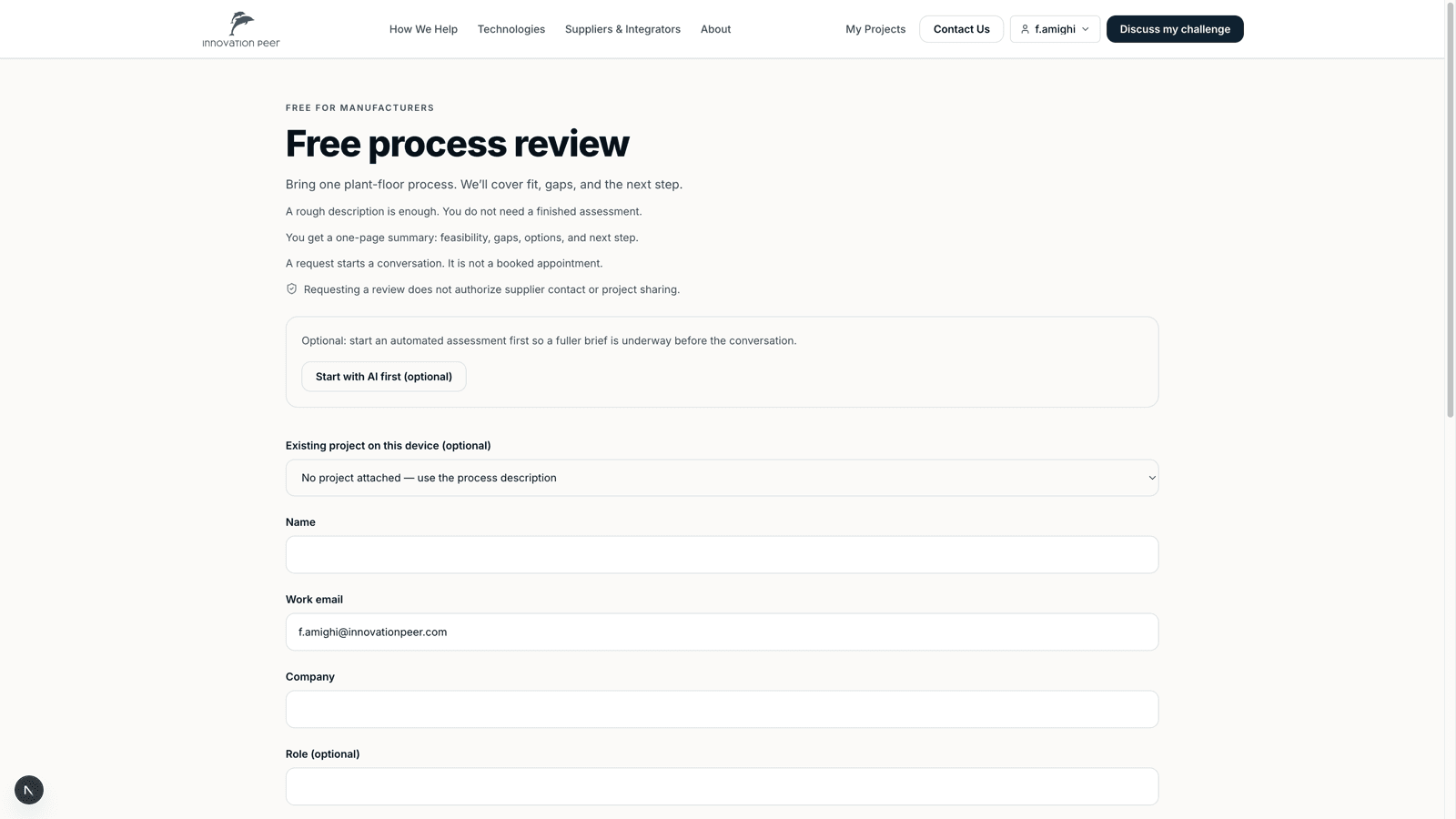 Free process review form. Supplier contact happens only with your approval.