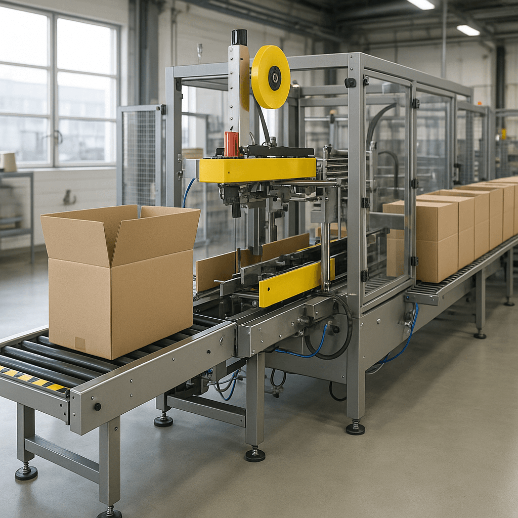 Photograph of Case Erecting & Sealing automation in a modern industrial facility