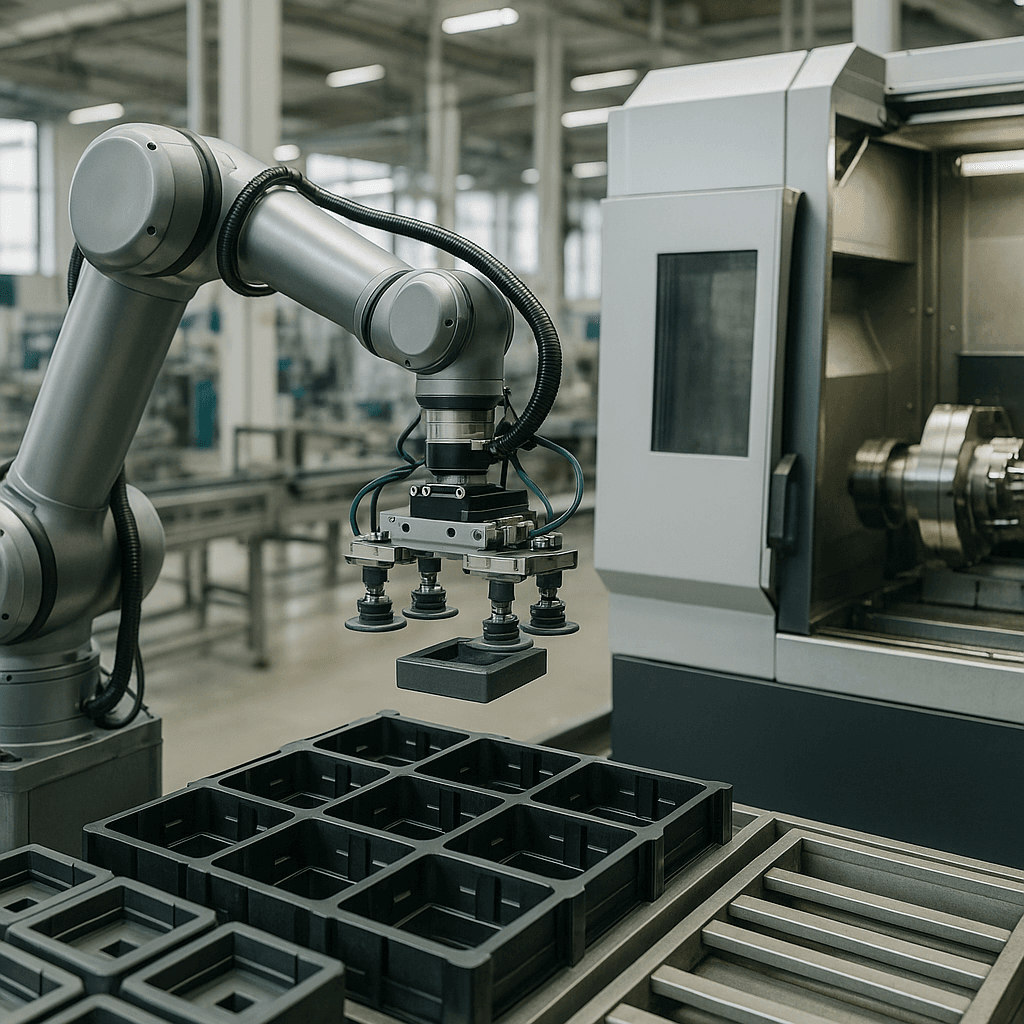 Photograph of Robotic Material Handling automation in a modern industrial facility