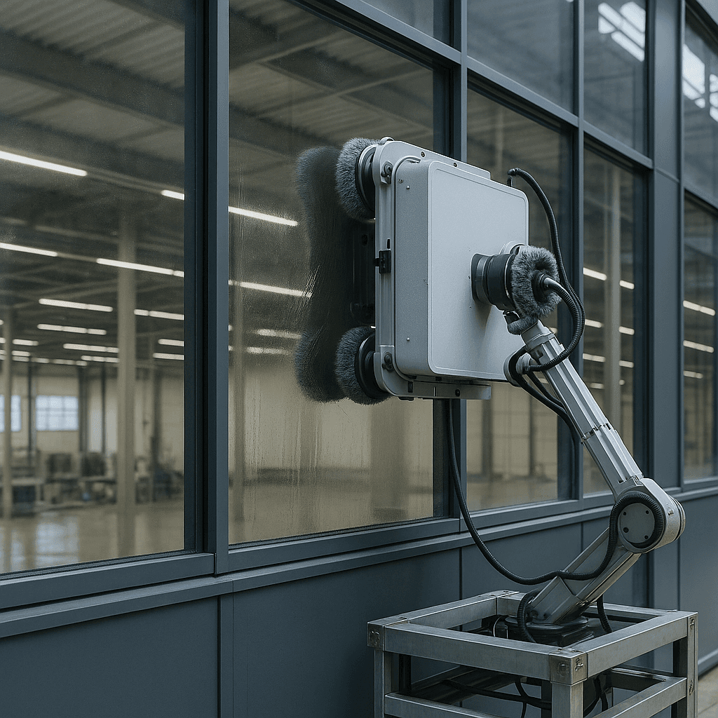 Photograph of Window Cleaning automation in a modern industrial facility